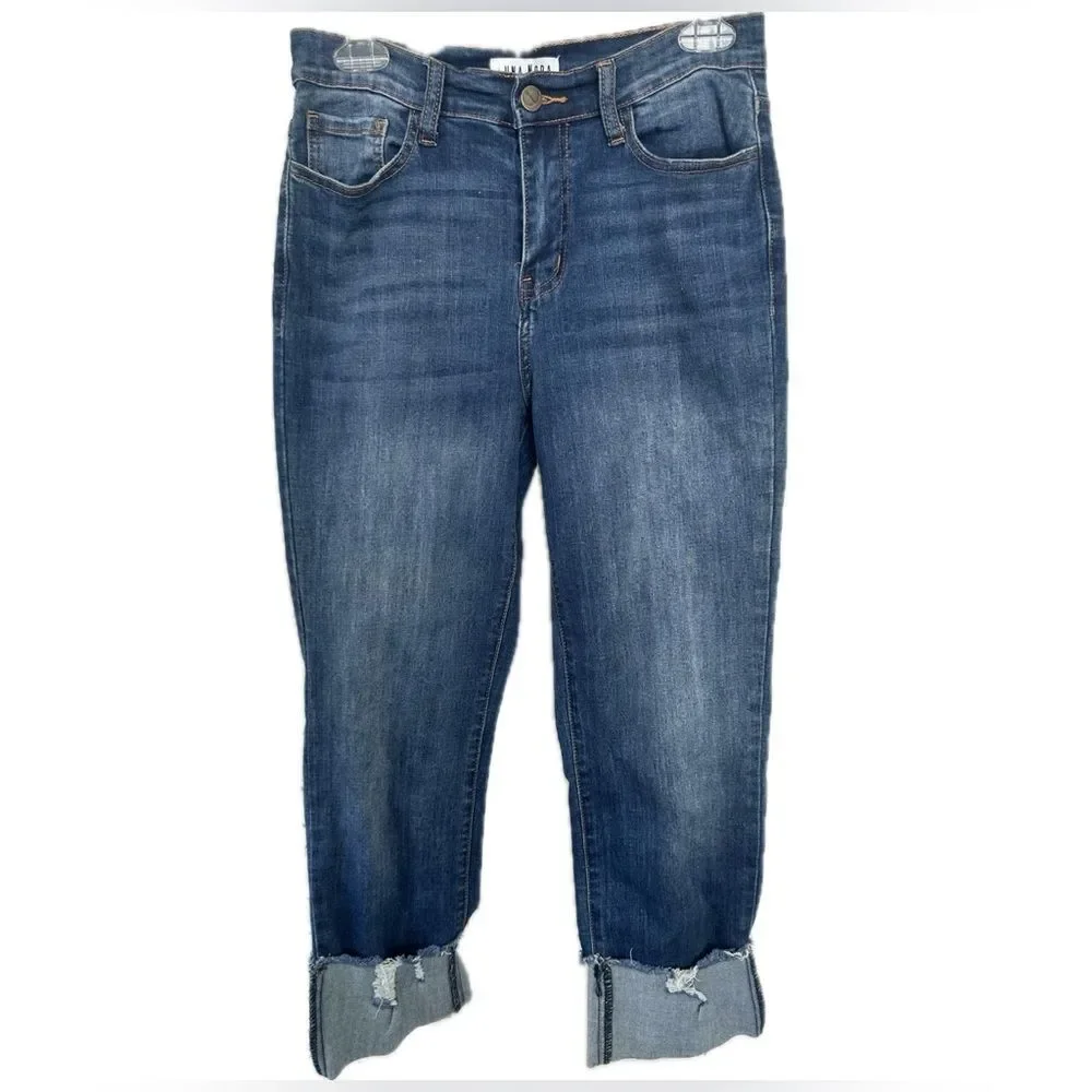 Luna Nora Boho Medium Wash Factory Faded Distressed Cropped Cuff Denim Jeans 6